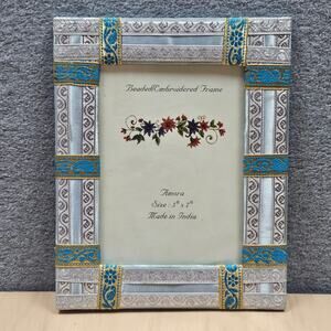 Silver Teal Amora Embroidered Trim 5 x 7 inch Picture Frame India Elegant